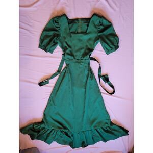 Emerald Green Puff Sleeve Midi Dress Vintage Style Cottagecore Square Neck S